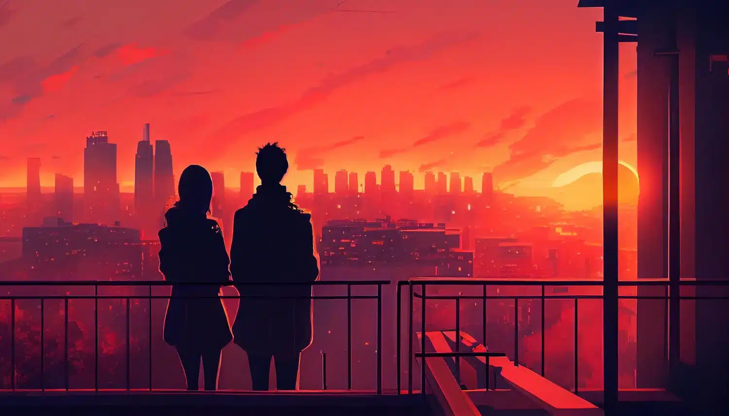 Tendances émergentes : Le Manga contemporain 2 silhouette couple standing cityscape sunset skyscraper skyline generative ai